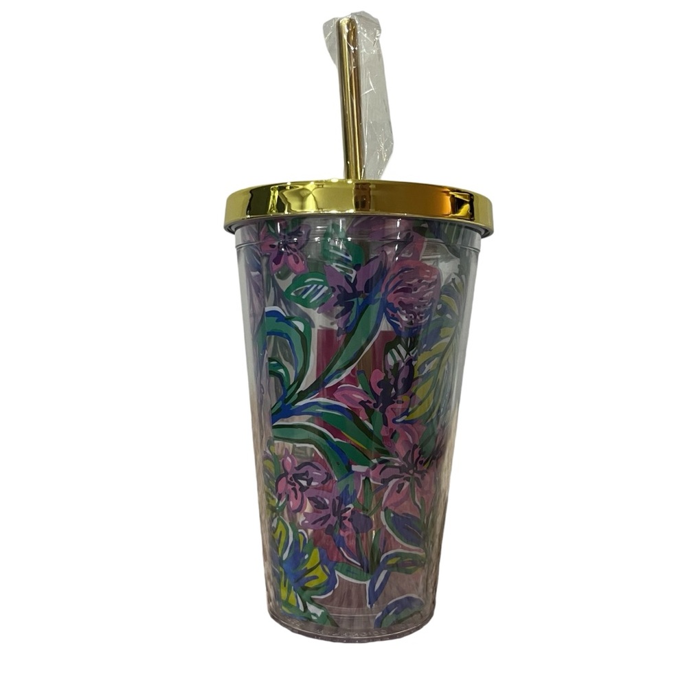 New Lilly Pulitzer 16oz Mermaid By The Sea Tumbler Gold Lid‎ Gold Metal Straw